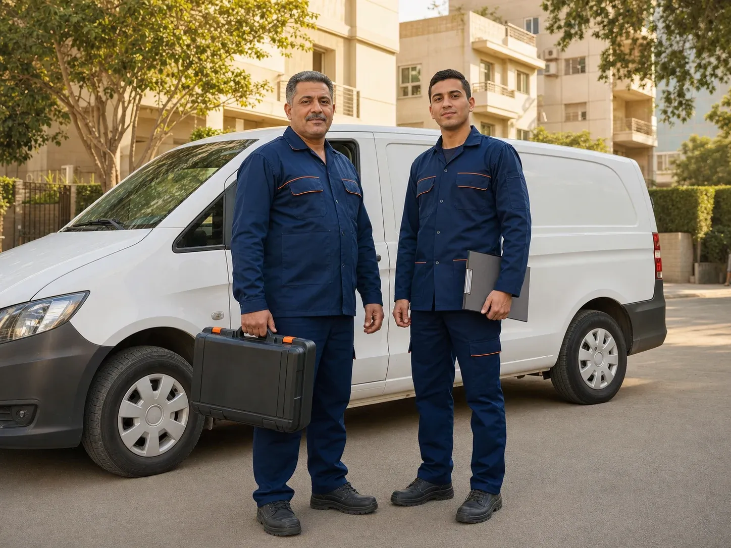 فنيان مصريان لمكافحة الحشرات بالزي الكحلي أمام سيارة خدمة